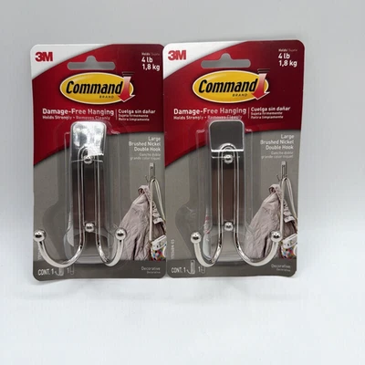 3M Command Brushed Nickel Metal Large Double Hook 4 lb 2 Pack - Image 1 of 4