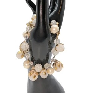 Vintage Deauville 1950s-1960s Faux Pearl Lucite Golden Leaf Bauble Bracelet - Picture 1 of 9