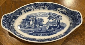 Spode Blue Italian 14" Oval Au Gratin Handled Dish England Floral Scene - Picture 1 of 6