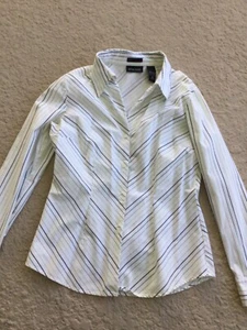 New York & Company City Stretch Shirt Womens White Blue Green Striped Top Size M - Picture 1 of 4