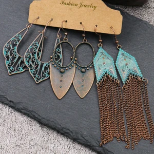 3 Pairs/Set Bohemian Boho Earrings Hook Drop Dangle - Tassle, Teal, Trendy - B#3 - Picture 1 of 2