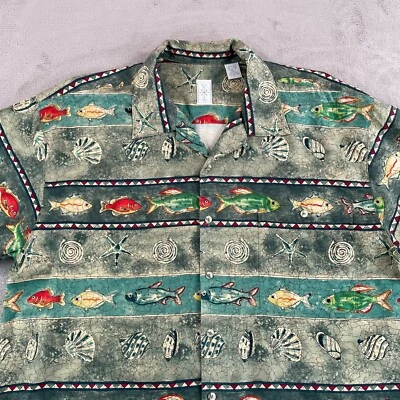 Vintage Burma Bibas Camp Shirt Men Large Multi Fish Shells Ocean Loop Collar - Image 1 of 4