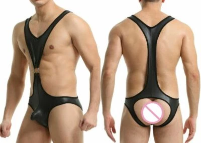 Men Jumpsuit PU Leather openbutt Wrestling Singlet Mankini Bodysuit club Costume - Image 1 of 4