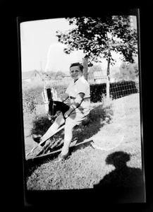 Vintage 1940's Young Boy Riding Toy Horse 6x9cm Black & White Film Negative - Picture 1 of 2