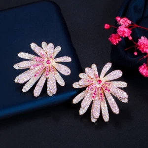 Rot rosa gelb vergoldet CZ große geometrische Blumenohrringe für Frauen Schmuck - Bild 1 von 11