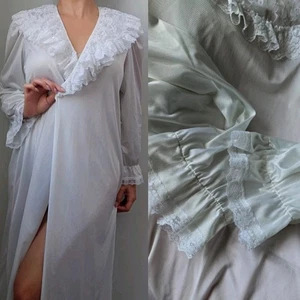 Camicia da notte vittoriana vintage anni 70 Lady Cameo bianca nylon colletto pizzo Peignoir! O/S - Foto 1 di 10