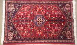 Vintage Tribal Hand Knotted Wool Bold Red Medallion Prosperity Rug 38" x 25" - Picture 1 of 6