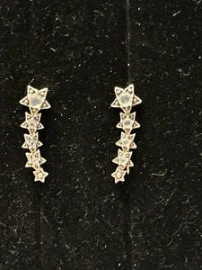 Sterling Silver 925 Graduated Star Earrings Dangle drop Hook blue rhinestone - Picture 1 of 7