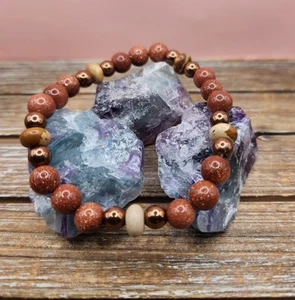 Goldstone, Picture Jasper, and Copper Hematite Beaded Bracelet - Picture 1 of 6