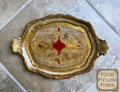 Bandeja vintage italiana florentina de madera pintada a mano roja y dorada 11,25 x 7,75" Foto 1 de 4