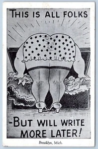 1940's GREETINGS from BROOKLYN MICHIGAN FAT LADY BUTT HUMOROUS VINTAGE POSTCARD - Picture 1 of 2