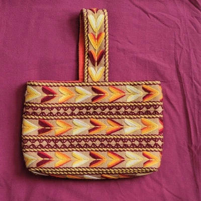 Bolso de Mano BOHO Tejido Yute Bordado Arpillera Años 60-70 - Colores Cálidos Otoño Foto 1 de 4