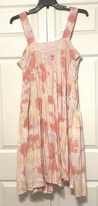 Vecchio abito midi blu navy tie dye rosa pesca senza maniche a strati cotone rayon XL boho - Foto 1 di 4