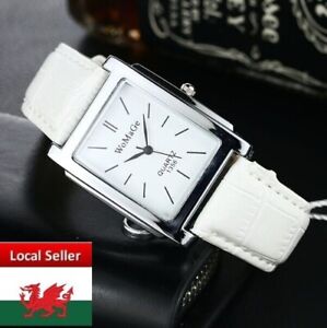 Ladies White Square Face Silver Bezel Silver Case White Leather Strap Watch