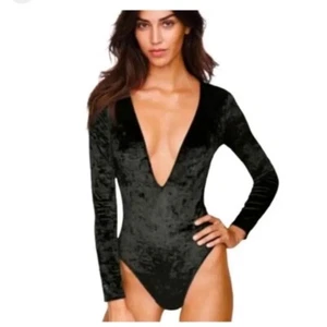 Victoria's Secret M/L Deep V Open Back Black Velvet Bodysuit - Picture 1 of 6