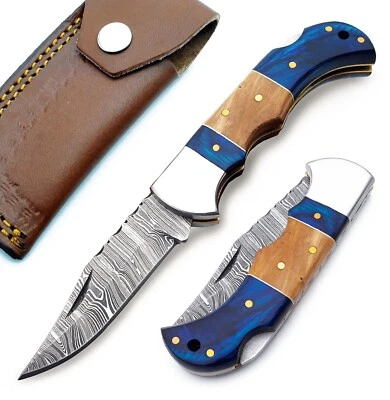 Damascus handmade back lock Folding pocket knife camping Hunting Knife Pouch - Image 1 of 4