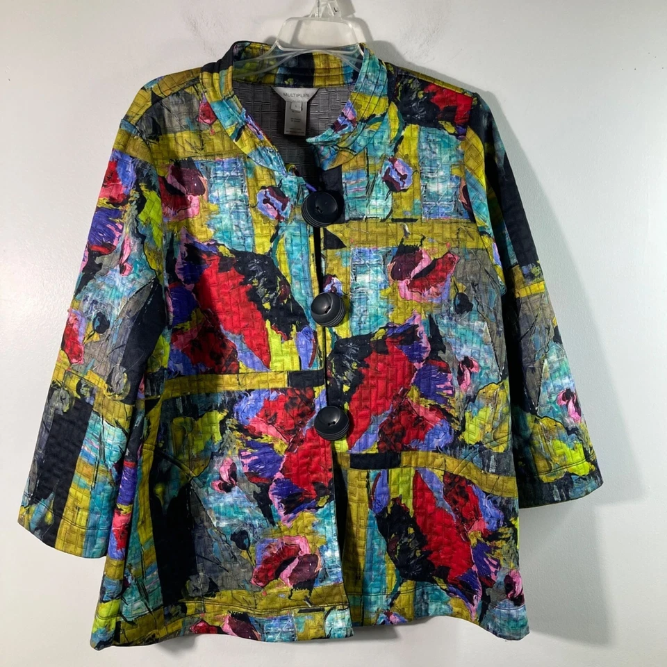 Chaqueta con botones para mujer Multiples Art to Wear verde rojo L poliéster spandex grande B Foto 1 de 4