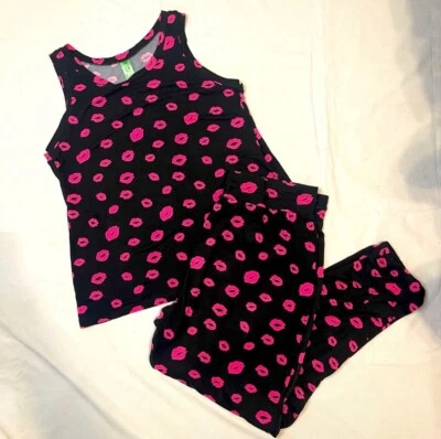 Conjunto de pijama de dos piezas Honeydew Intimates, negro con labios rosa intenso 💋 Talla L Foto 1 de 4