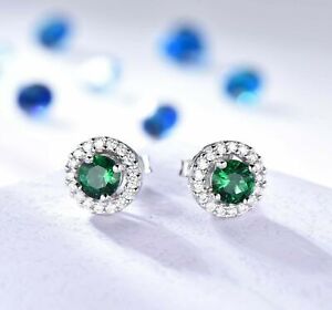 3.00Ct Round Cut Emerald Simulated Diamond Stud Earrings 14K White Gold Finish