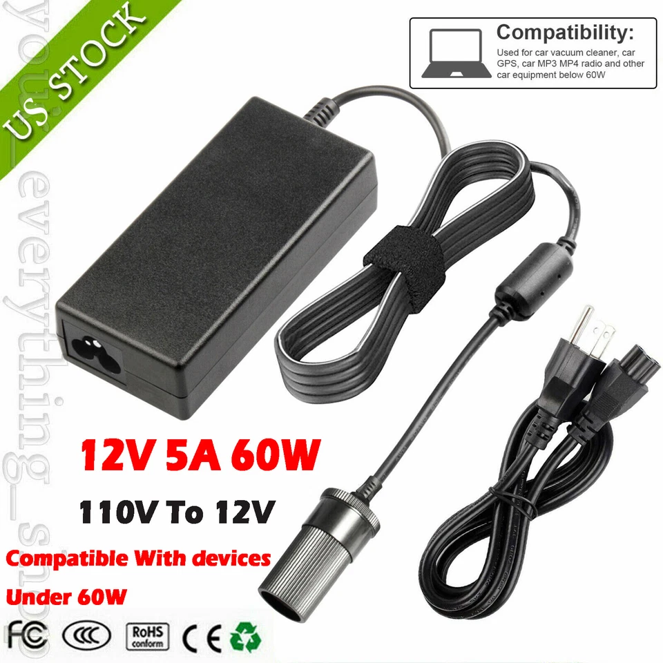 AC To DC Converter 110V To 12V 5A 60W Car Cigarette Lighter Socket Power Adapter - Image 1 of 4