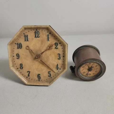 LOT OF 2 VINTAGE GERMAN MADE ALARM CLOCKS ART DECO & LITTLE BRASS COPPER C230 Cover