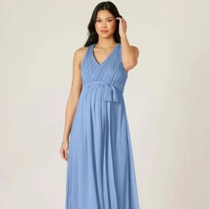 Empire Ruched Chiffon Floor-Length Maternity Dress, Steel Blue - Picture 1 of 5