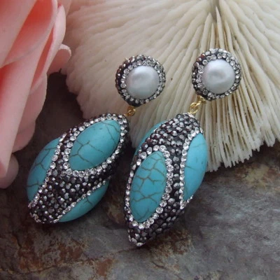 AB070115 Pendientes Turquesa Perla Blanca Recortados con Marcasita Circonita Foto 1 de 4
