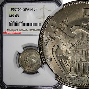 Spain Francisco Franco,Caudillo 1957(64) 5 Pesetas NGC MS63 TOP GRADED KM#786(6) - Picture 1 of 4