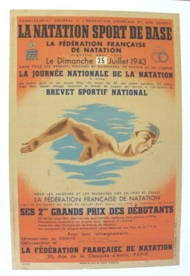 AFFICHE originale NATATION FFN 25 JUILLET 1943 LITHO poster Guyenne WW2 SPORT  - Photo 1/4