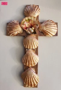 Wooden Cross Hand Decorated Sea Shell Wall Hanging Approx 10x7" - Picture 1 of 2