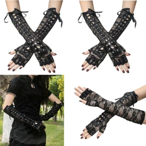 Guanti lunghi stringati senza dita gotici steampunk punk moda donna neri - Foto 1 di 8