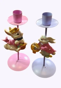 2 Easter Bunny Rabbit Candle Holders Pink & Purple 7 Inches Tall Home Decor - Picture 1 of 5
