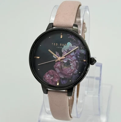 Reloj para mujer TED BAKER esfera floral negra, correa de cuero rosa rubor, 36 mm, funciona Foto 1 de 4