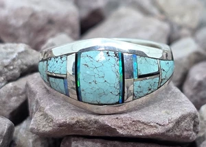 Gorgeous Inlaid Channel Set Turquoise Sterling Silver Navajo Ring Size 6 - Picture 1 of 8