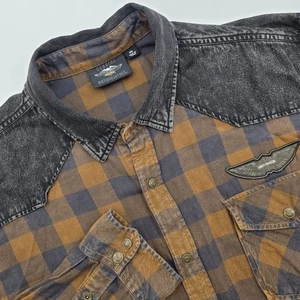 Harley Davidson Men 2XL Snap Button Flannel/Denim Long Sleeve Shirt Orange Plaid - Picture 1 of 13