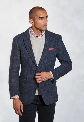 Tailored Fit Stranraer Navy Herringbone Harris Tweed® 46 Reg IN STOCK  £299 - Image 1 of 4