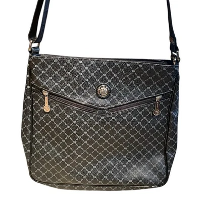 Bolsa de ombro Rioni Italia vintage couro preto logotipo marca padrão prata - Imagem 1 de 4