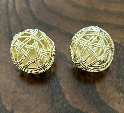 Earrings Gold Tone Woven Ball. Pierced. Light Weight.  3/4X3/4 Inch - Image 1 of 4