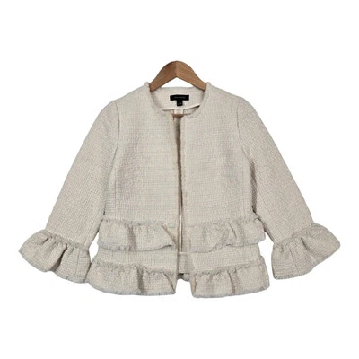 Chaqueta Ann Taylor Talla 0 Marfil Crema Nubby Brillo Volantes Flecos Frente Abierto Forrada Foto 1 de 4