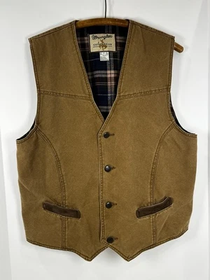 Wrangler 男式帆布背心 M 码皮革装饰法兰绒衬里。 Ranch农场服装 — 第 1/4 张图片