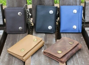 RFID Safe Leather Trifold wallet with Chain for Men Brown Red, Cobra Tan - Picture 1 of 56