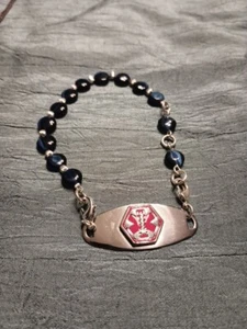 Silver Stainless Steel W/Blue Glass Beads Diabetic Medic Alert AdjustabBracelet  - Picture 1 of 2