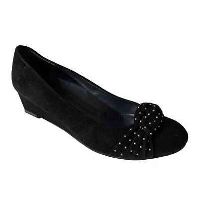 Stuart Weitzman Dotsun Black Suede Pump Wedge Heel Knot Studded Round Toe 6.5 - Image 1 of 4