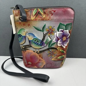 Borsa a tracolla organizer Anuschka in pelle dipinta a mano uccellini beati - Foto 1 di 8