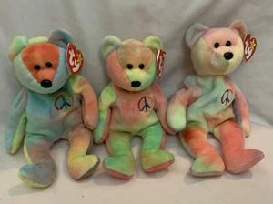 Lot Of 3 Ty Original "Peace" Beanie Bear, DOB 2/1/96 EUC Rare Retired Stamps - Picture 1 of 10