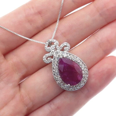 925 Sterling Silver Real Diamond Ruby & White Topaz Box Chain Necklace 18" - Image 1 of 4