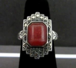 ANTIKER ART DECO Sterlingsilber Karneol Markasit Ring Größe 6 - Bild 1 von 14