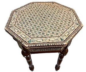 Handmade Wooden End Table Carving Wood Table Home Decor Mother of Pearl Inlay - Picture 1 of 17