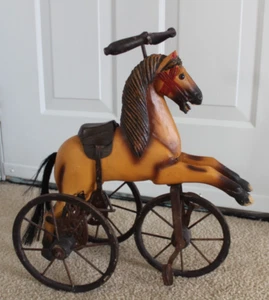 Antique 17.5"Tall x 16"  Wood & Cast Iron Leather Saddle Horse Trike - Picture 1 of 23