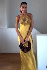 Zara Long Halter Satin Dress With Embossed Flower Yellow SIZE M 7521/901 - Picture 1 of 3